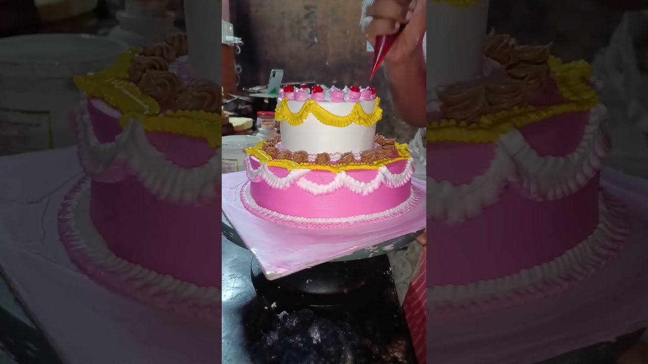 Butter cream cake 2step cake pink white colour combination 