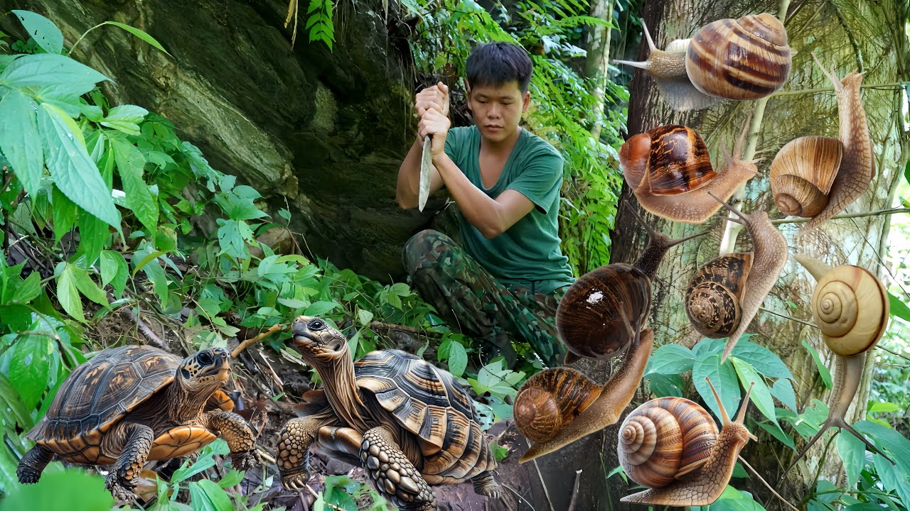 life in the wild, build a wilderness cave shelter, traces left by wild animals, exotic wild turtle