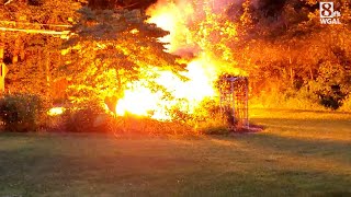 Live power line arcs after being taken down by tree in Lebanon County