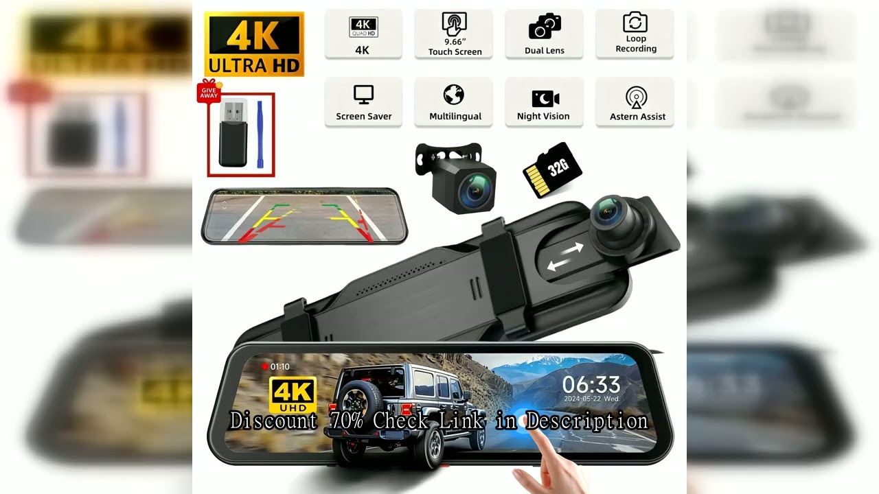 9.66"IPS Touch Screen Mirror Dash Cam Front and Rear, 4K Dual Recording, AHD Backup Camera, Night Vi