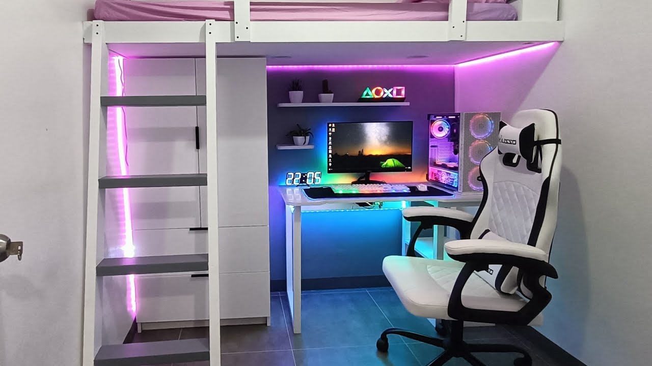 Easy space. Геймерская комната а наверху кровать. DIY Loft Bed w/ Gaming area |small Room Makeover Ultimate Gaming Room Setup w/ led Expert Lighting.