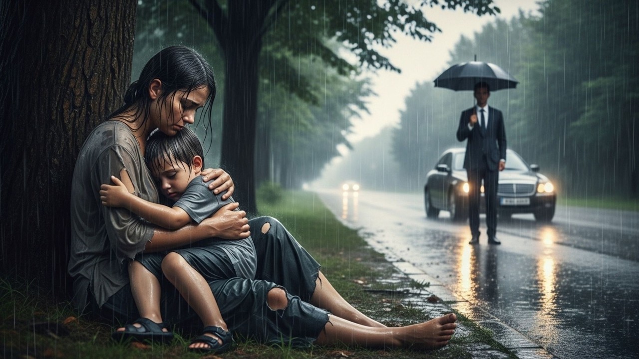 BILIONARIO VÊ MÃE SOLTEIRA ABANDONADA NA CHUVA… MAS O QUE ELA DISSE SURPREENDEU ELE!