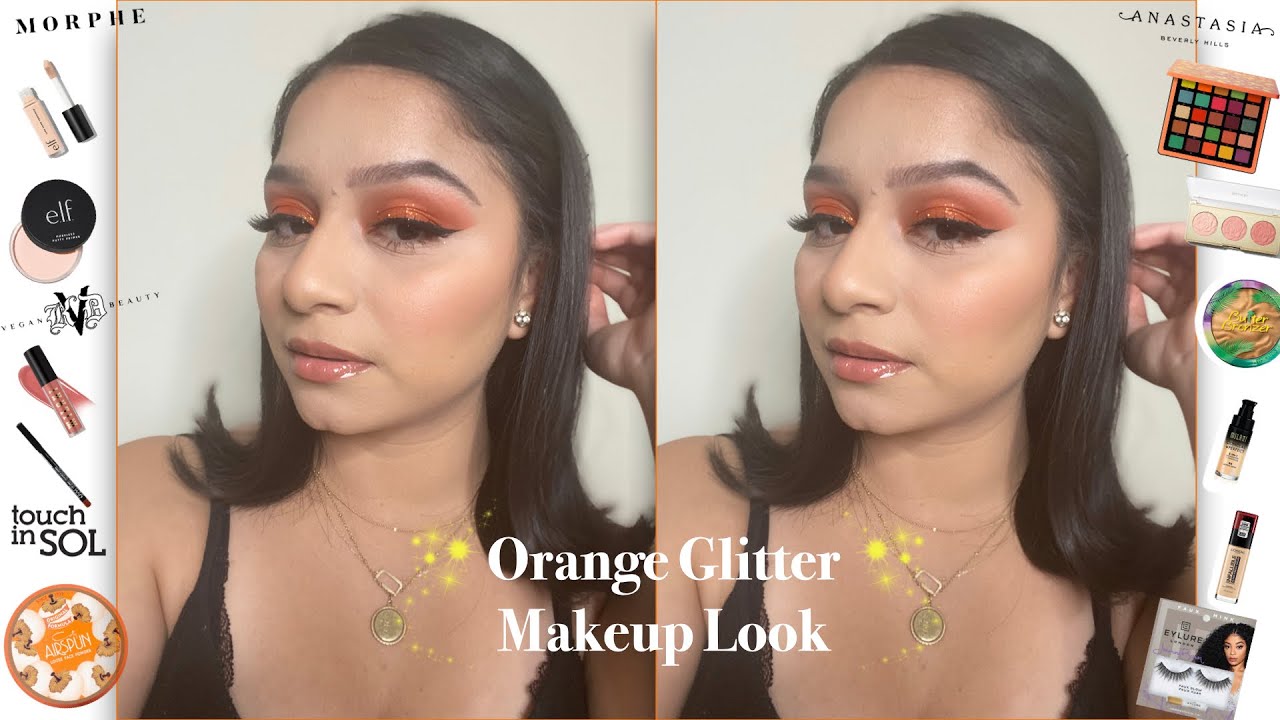 Pumpkin inspired orange glitter makeup look Damaristorresalv YouTube