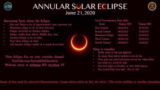 The live stream for annular solar eclipse of june 21, 2020 as observed
from india. will cover complete first contact to fourth contac...