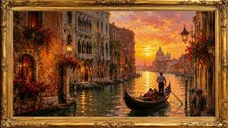 4K Screensaver for Samsung Frame TV | Venetian Canal at Sunset Oil Painting | Gold Frame | 2 Hours