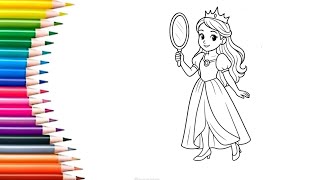👑🪞 Coloring a Beautiful Princess Holding a Mirror | Calm & Elegant Art🎨#PrincessColoring #ElegantArt screenshot 5