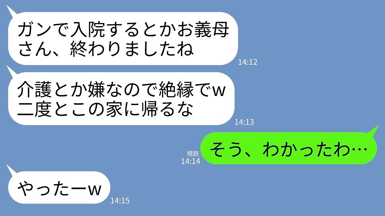 【LINE】癌で緊急入院した私に絶縁状を送りつけてくる同居中の長男嫁「介護とか絶対ごめんwこの家には戻ってこないで」→即仕送りを止めて永遠に帰らなかった結果…ｗww