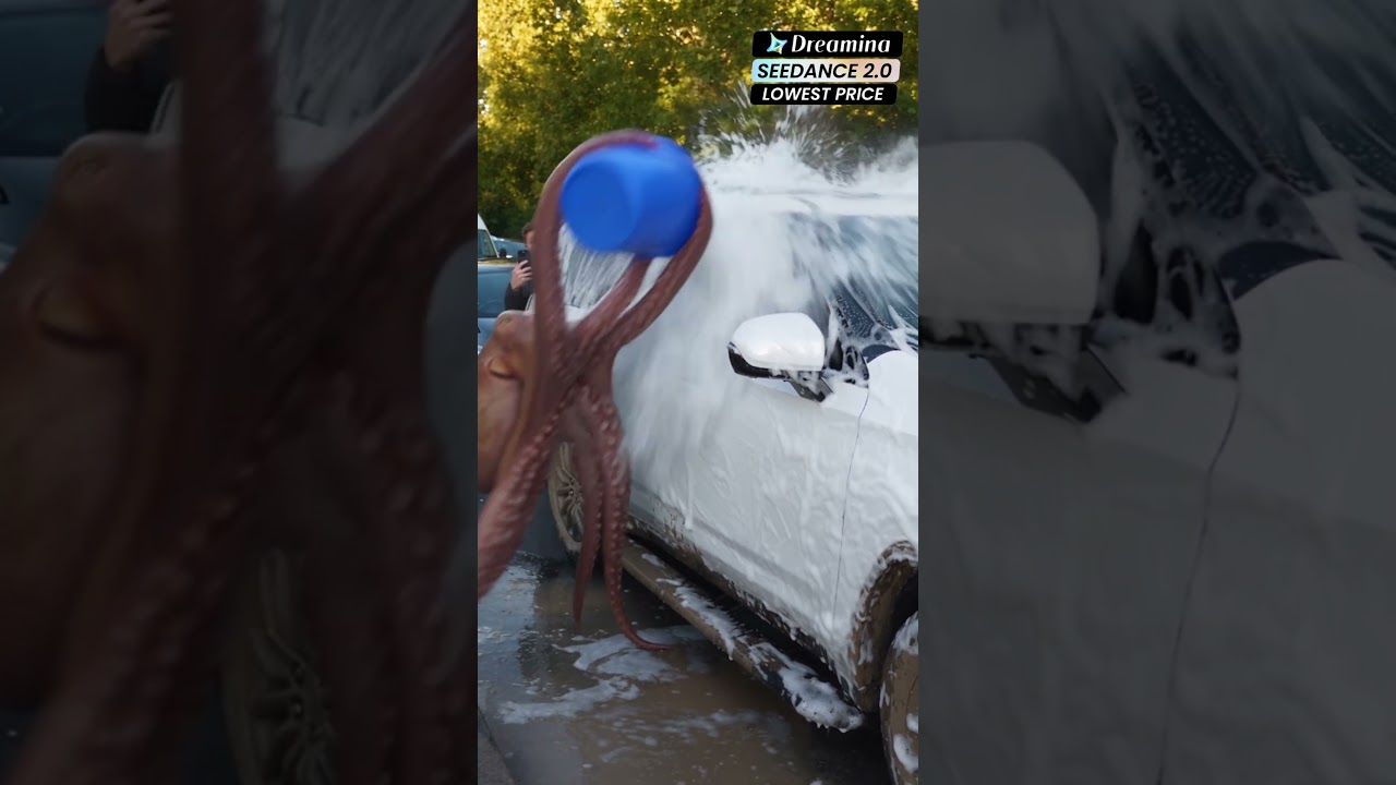 Traffic jam? No problem. One octopus, one bucket, and the cleanest car on the road. 🐙🚗✨