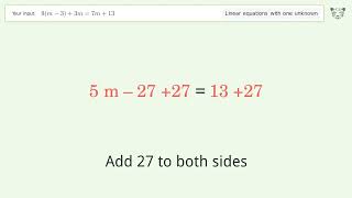 Linear equation with one unknown: Solve 9(m-3)+3m=7m+13 step-by-step solution
