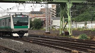 JR湘南新宿ライン特別快速高崎行きE231系4832Y+E233系E-02横コツと埼京線直通埼京線内各駅停車各駅停車新宿行きE233系150M110宮ハエが走行！【花月園前踏切No.19】