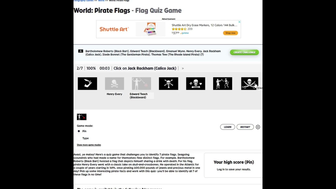 Seterra Geoguessr Speedrun World: Pirate Flags Pin 9.181s [PB] 