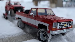 Fms 1/18 Chevrolet k10 4x4 towing Firehorse in the snow below zero @fmsmodelRC #Tow