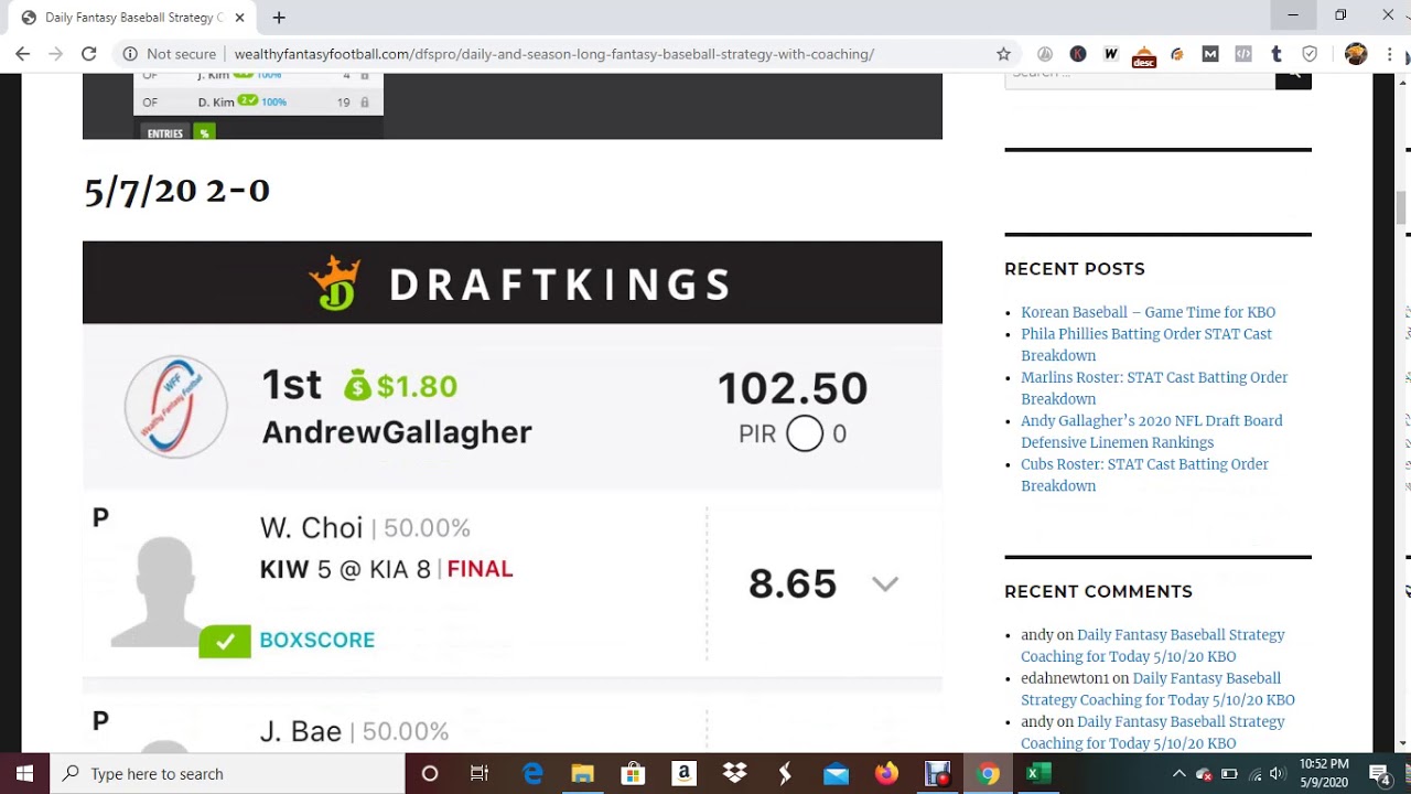 KBO MLB NFL NHL DFS for 5/10/20 Help To Win Daily