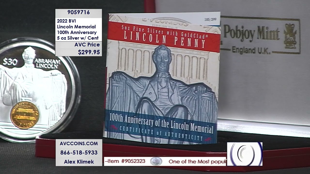 2022 BVI Lincoln Memorial 100th Ann - 5 oz Silver w/ Cent