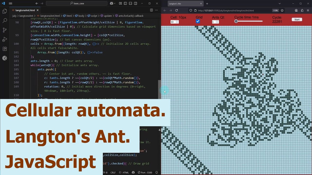 Cellular automata. Langton's Ant algorithm. JavaScript.