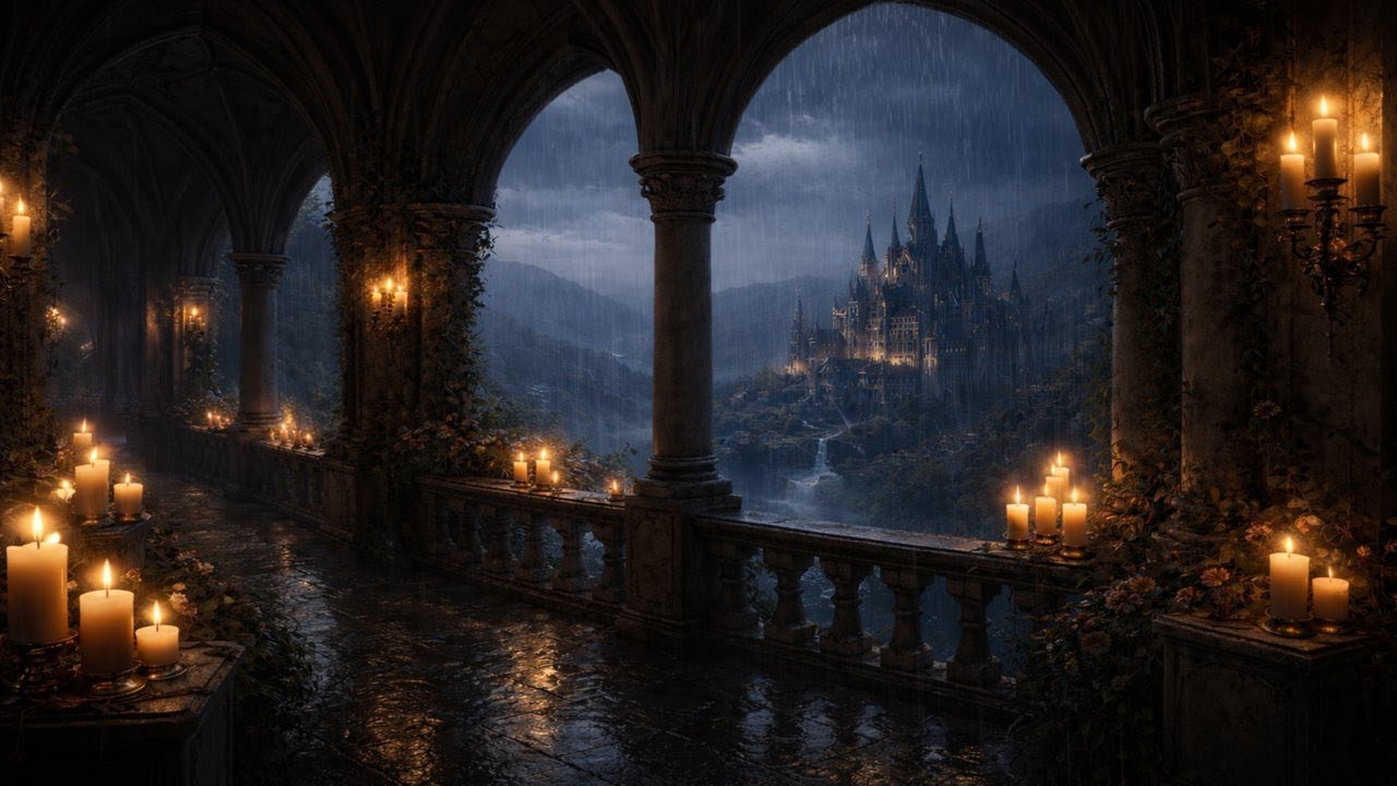 Rainy Castle Balcony Ambience 🌧️🏰 Overlooking the Kingdom | Rain Sounds Only