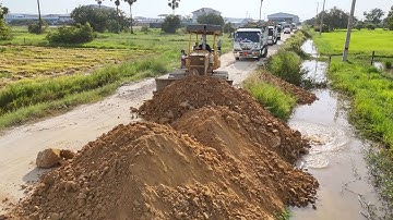 Great NEW Start! Skillful Land Filling Operation | Bulldozer Pushing Stone & Soil with Dump Trucks