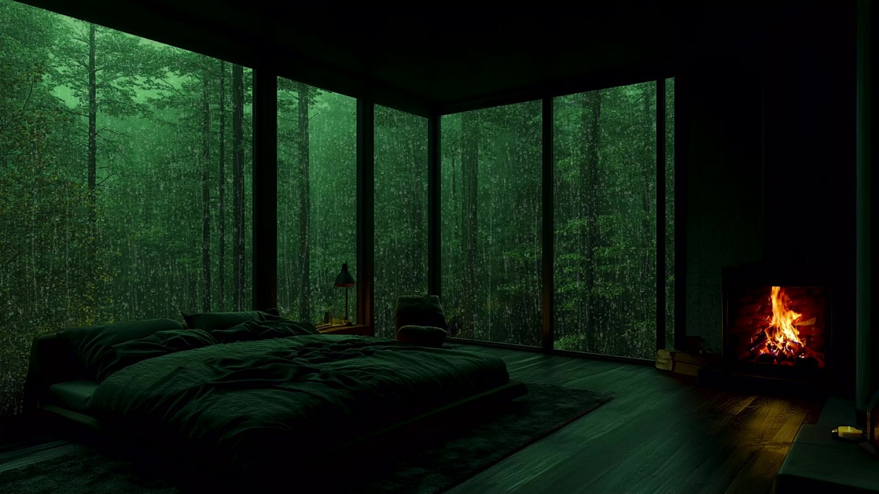 Soft Rain Ambience in Forest Bedroom 🌿 | Emerald Night Glow 🌙 | Deep Relaxation 😌