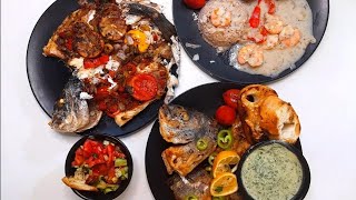 وجبة متكامله من سمك دنيس مشوي و مقلي و الروبيان بالصوص مع المقبلات