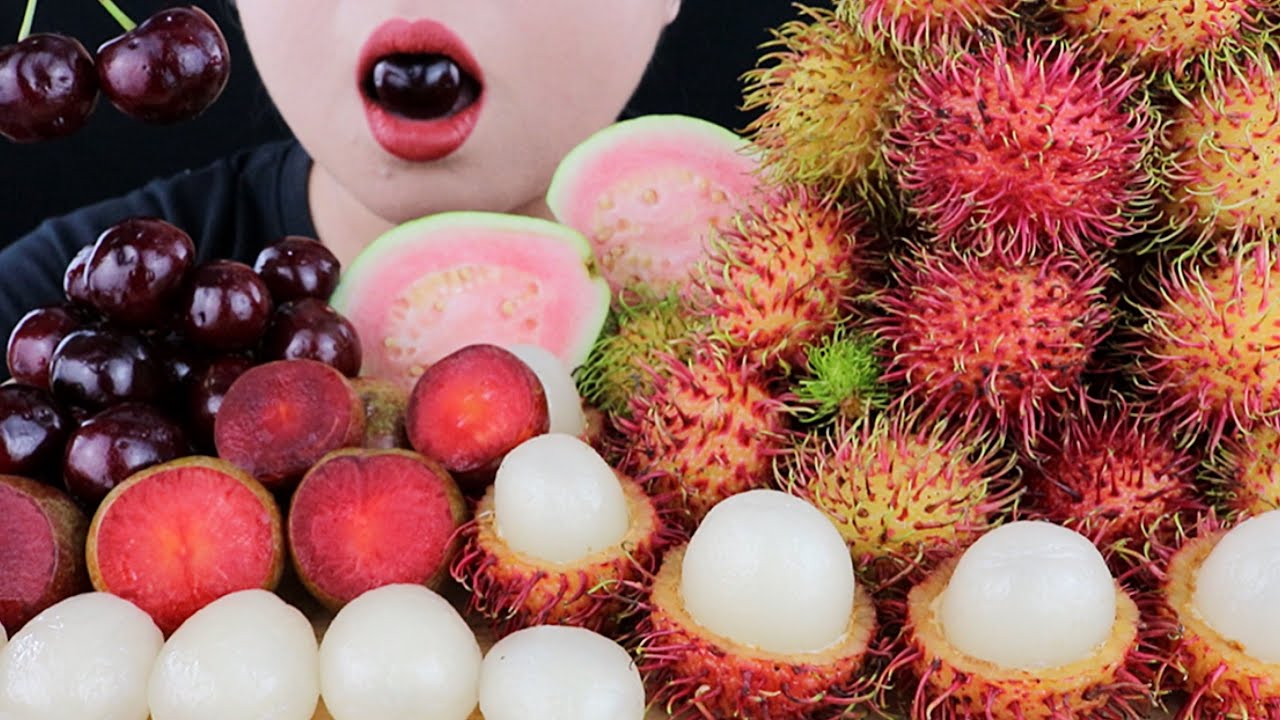 ASMR FRESH FRUIT PLATTER ( CHERRIES, RAMBUTAN, PLUM, PINK GIAVA ). ĂN TRÁI CÂY TƯƠI. MAI ASMR