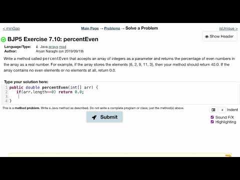 Java Practice It   |   Exercise 7.10: percenetEven  |   arrays, array basics, for loop, if condition