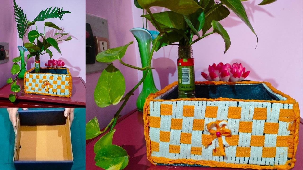 Organizer from old cardboard box Reuse of waste box idea Rope