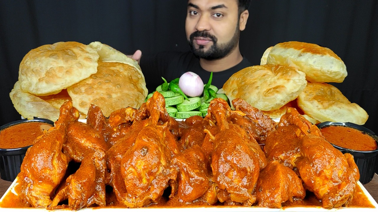 HUGE SPICY CHICKEN CURRY, SOFT LUCHI, CHILI, ONION, GRAVY, ASMR MUKBANG EATING SHOW | BIG BITES |