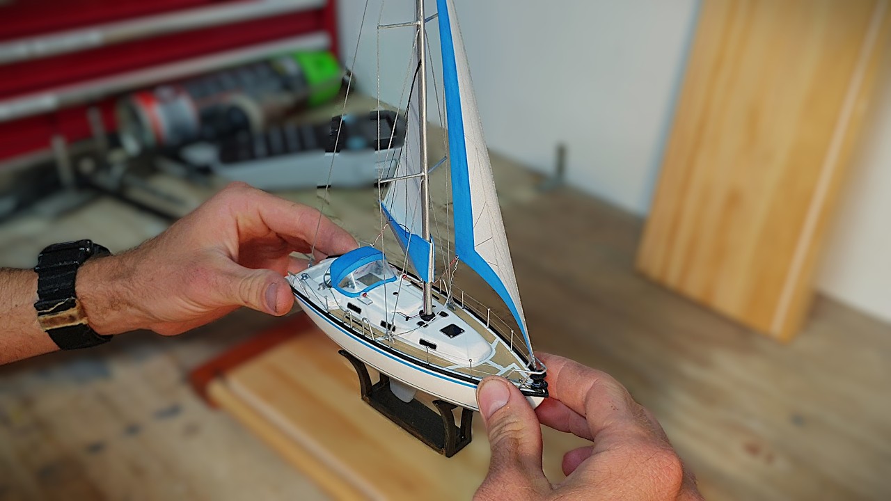 Realistic Model Yacht, 3D Picture frame. Tiny sail boat model