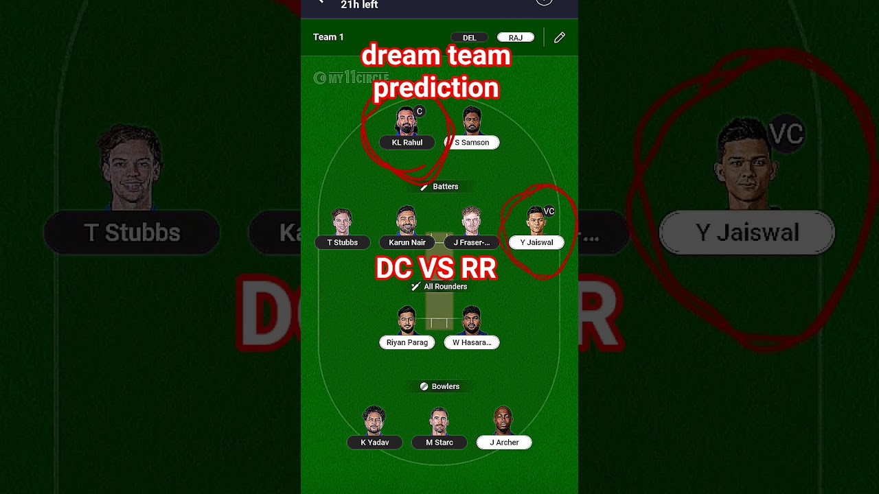 DC vs RR dream team prediction||DC vs RR dream 11 team 