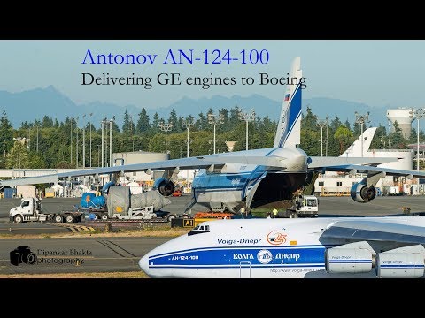 Volga Dnepr An-124 brings 787 GEnx & 777 GE90 engines from Ohio to Boeing PAE+unloading engines