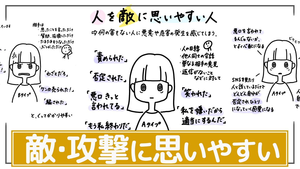 【敵意帰属バイアス】自分を嫌っているんだと誤解・攻撃されたと誤解をしやすい。自己成長や対人関係の弊害。不信感。まずは傾向に気づくこと。