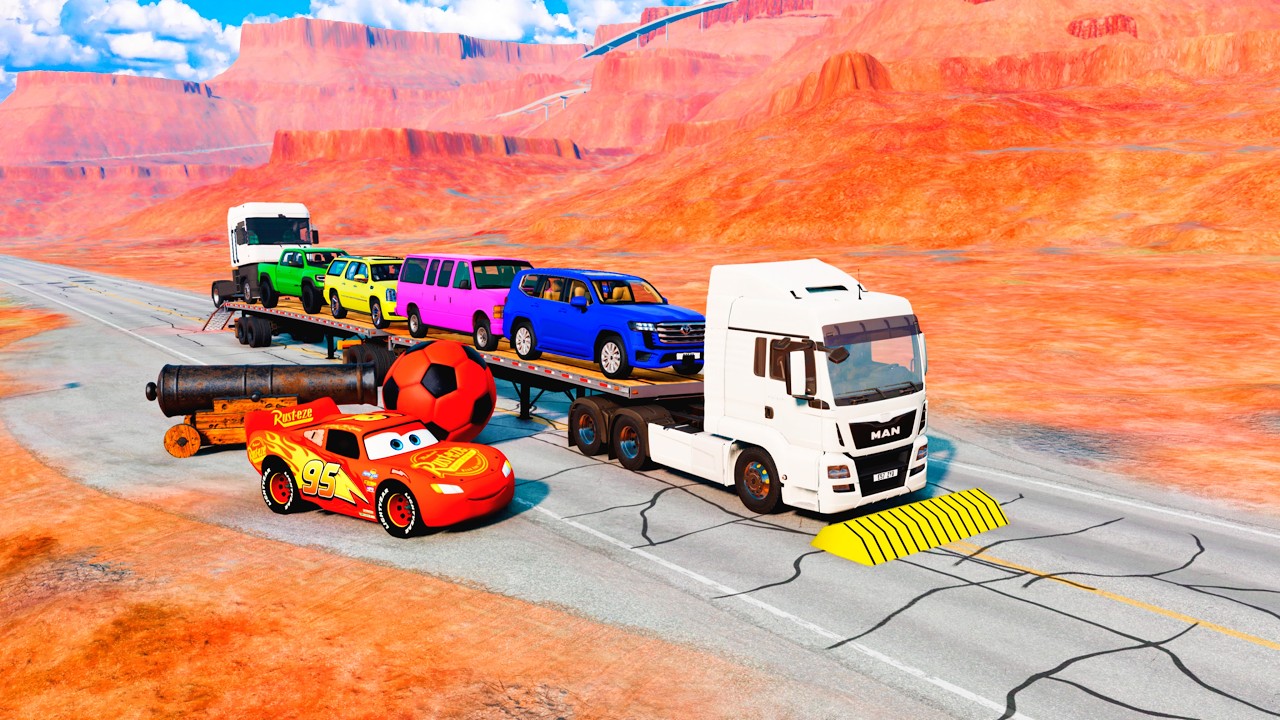 Flatbed Trailer McQueen Transportation in UTAH - Speedbumps vs Cars vs Train - BeamNG.Drive #7