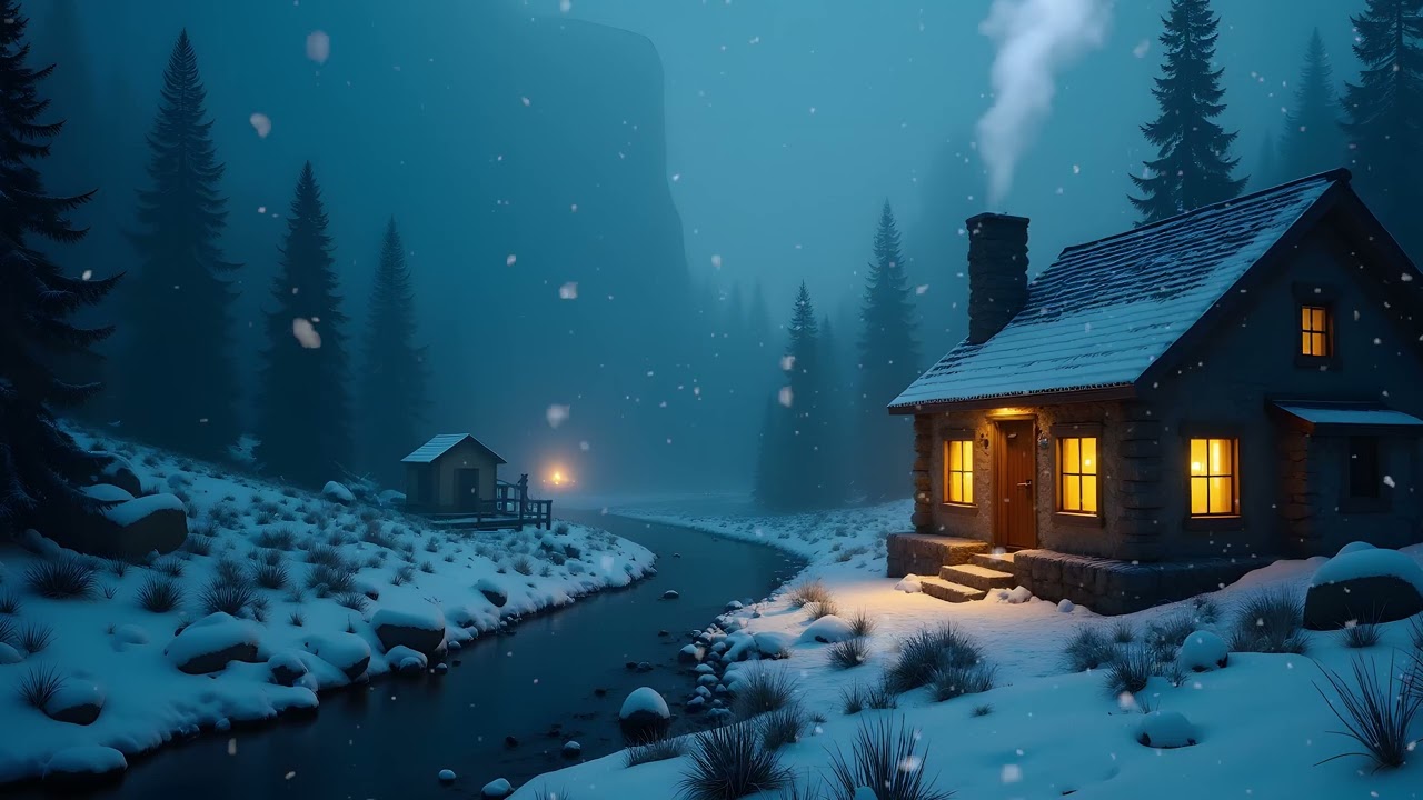 Snowy Forest Cabin at Twilight | Warm Fireplace Glow, Creek Sounds & Winter Calm Atmosphere