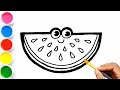 Watermelon Drawing,Painting & Coloring for kids and Toddlers | How to Draw Watermelon Easy