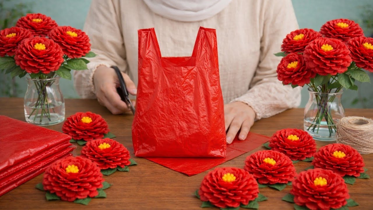 how to make flower from shopping bagsp