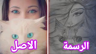 رسمة سهلة جدا لوجه بنت مع قطة || افكار رسم بسيطة وسهلة