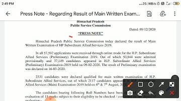 Result of Main Written Examination of HP Subordinate Allied Services-2019