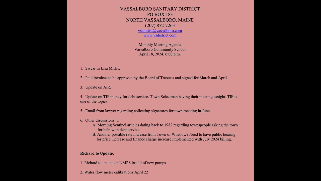 Vassalboro Sanitary District Board Meeting April 18 2024 YouTube