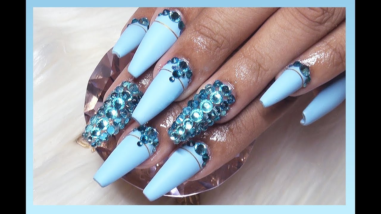Watch Me Work Matte Baby Blue Bling Acrylic Nails Full Set
