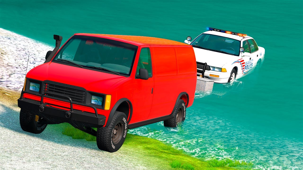 Van Truck Rescue Police Cars – Cars vs Deep Water in BeamNG.Drive