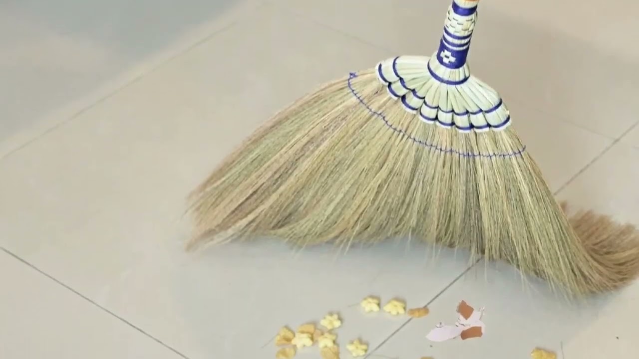 Thai natural grass broom handle embroidery nylon thread handmade with loincloth storage broom bag