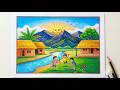 HOW TO DRAW A COLORFUL VILLAGE SCENERY 🍃🏡 | STEP BY STEP KIDS DRAWING