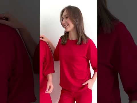 Жіночий костюм двійка 2 в 1 | Футболка з порізаною поличкою та штани | Турецька двонитка, бавовна, червоний 42/44, видео 2