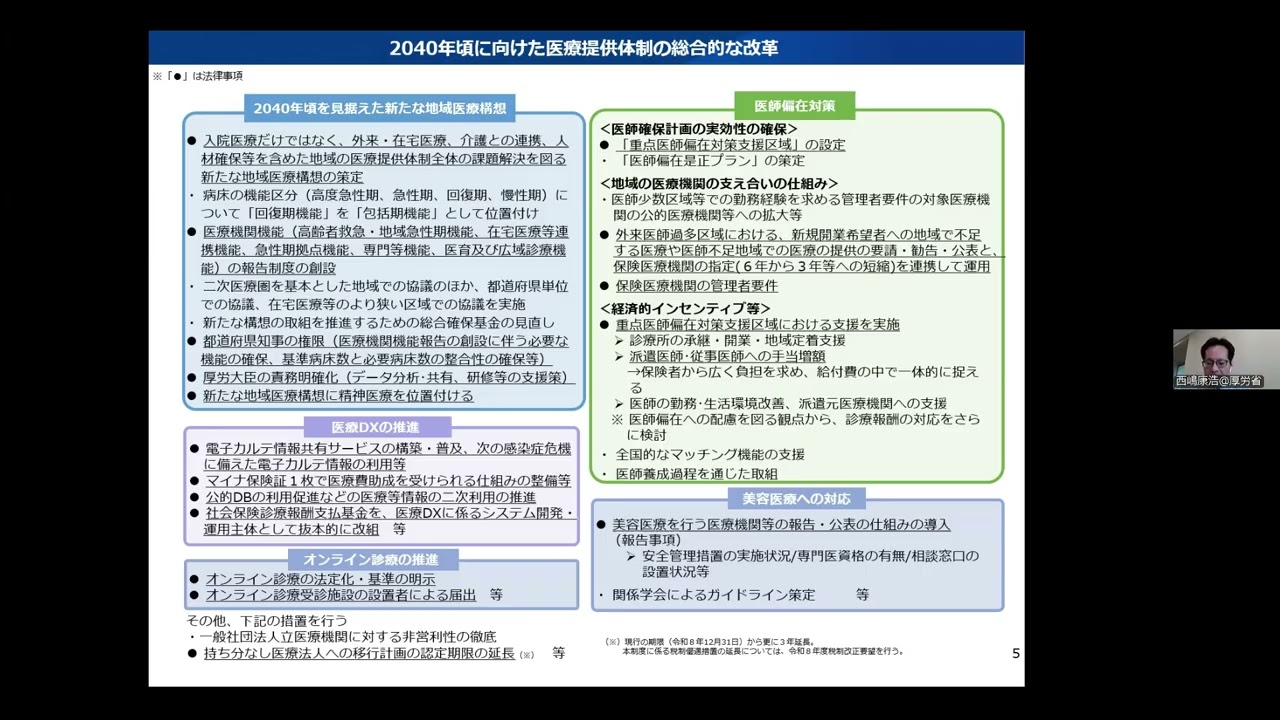 新たな地域医療構想（厚生労働省医政局地域医療計画課長　西嶋康浩）