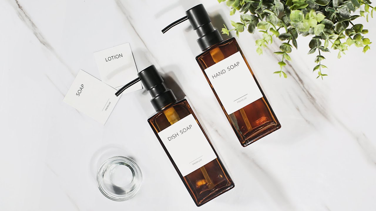 GMISUN Amber Glass Soap Dispenser, 2 Pack Hand Soap Dispenser Bathroom, 12oz Dish Soap Dispenser Set