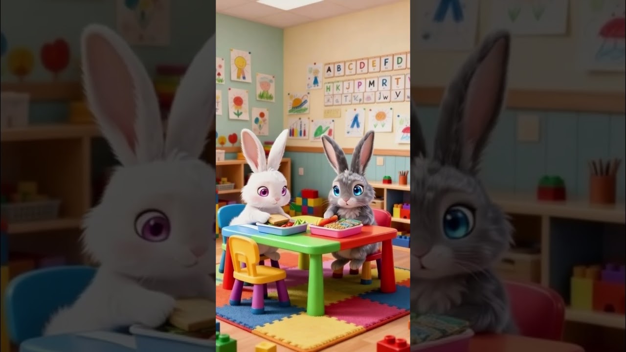 Bunny friends coloring in kindergarten classroom 
