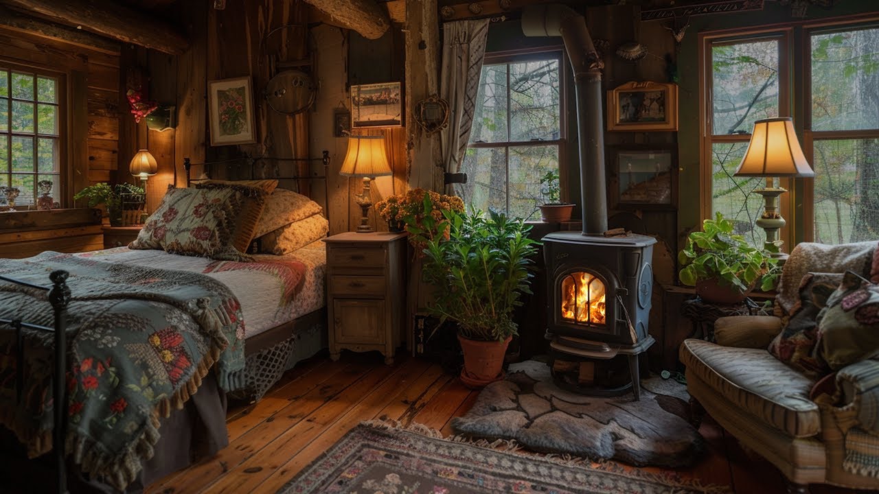 🔴Peaceful Rain Ambience | Relaxing in a Wooden Cabin with Crackling Fire Sounds and Gentle Rainfall