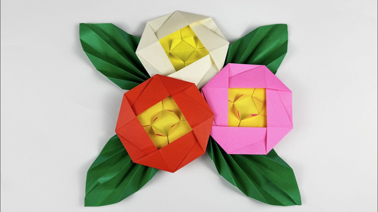 折り紙】椿の花と葉っぱの折り方🌺簡単で可愛い！冬・春の飾り