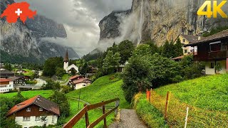 : Lauterbrunnen, Switzerland 4K - Walking in the rain in the most beautiful Swiss village
