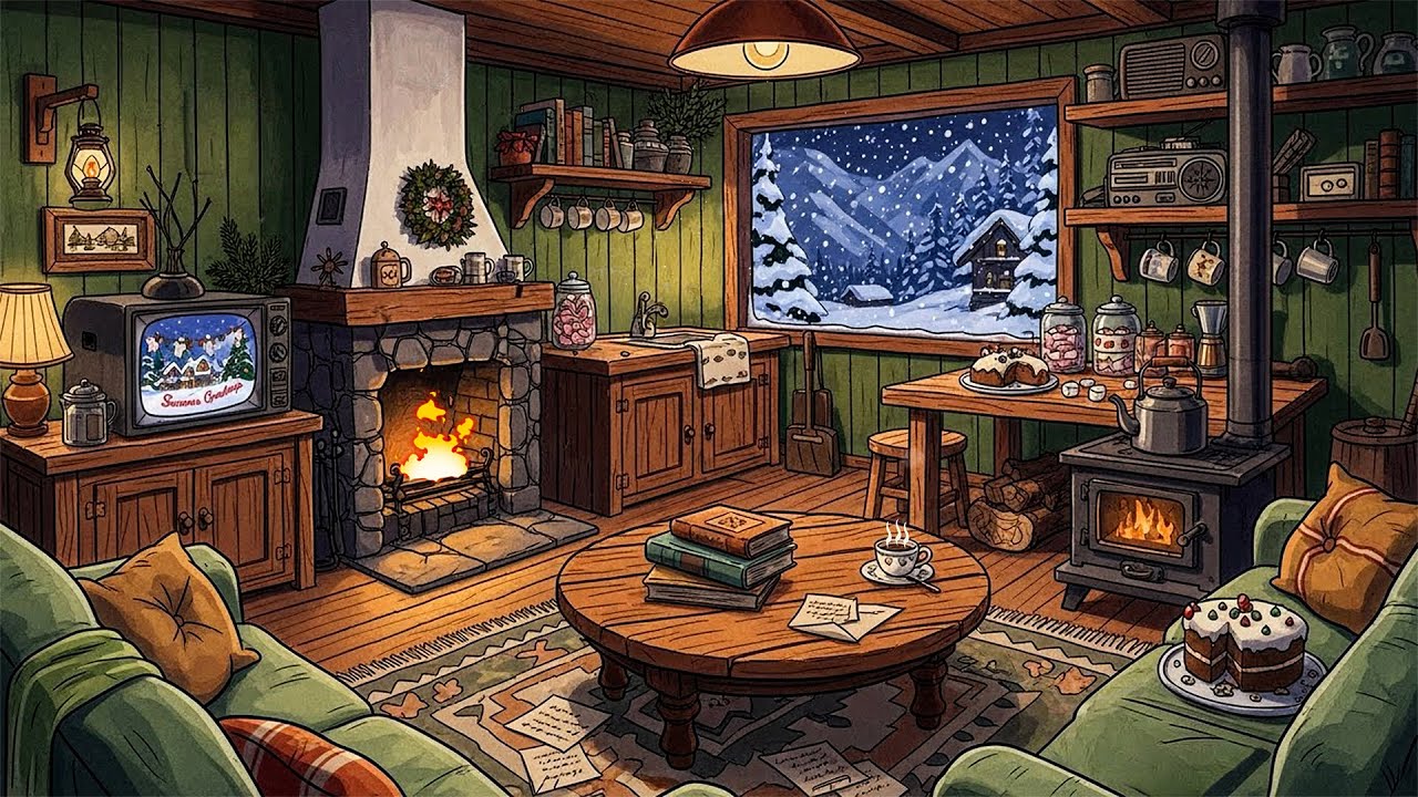 Cozy Winter Cottage with 1940s Oldies Playing in Another Room | Fireplace & Snowy Night Ambience